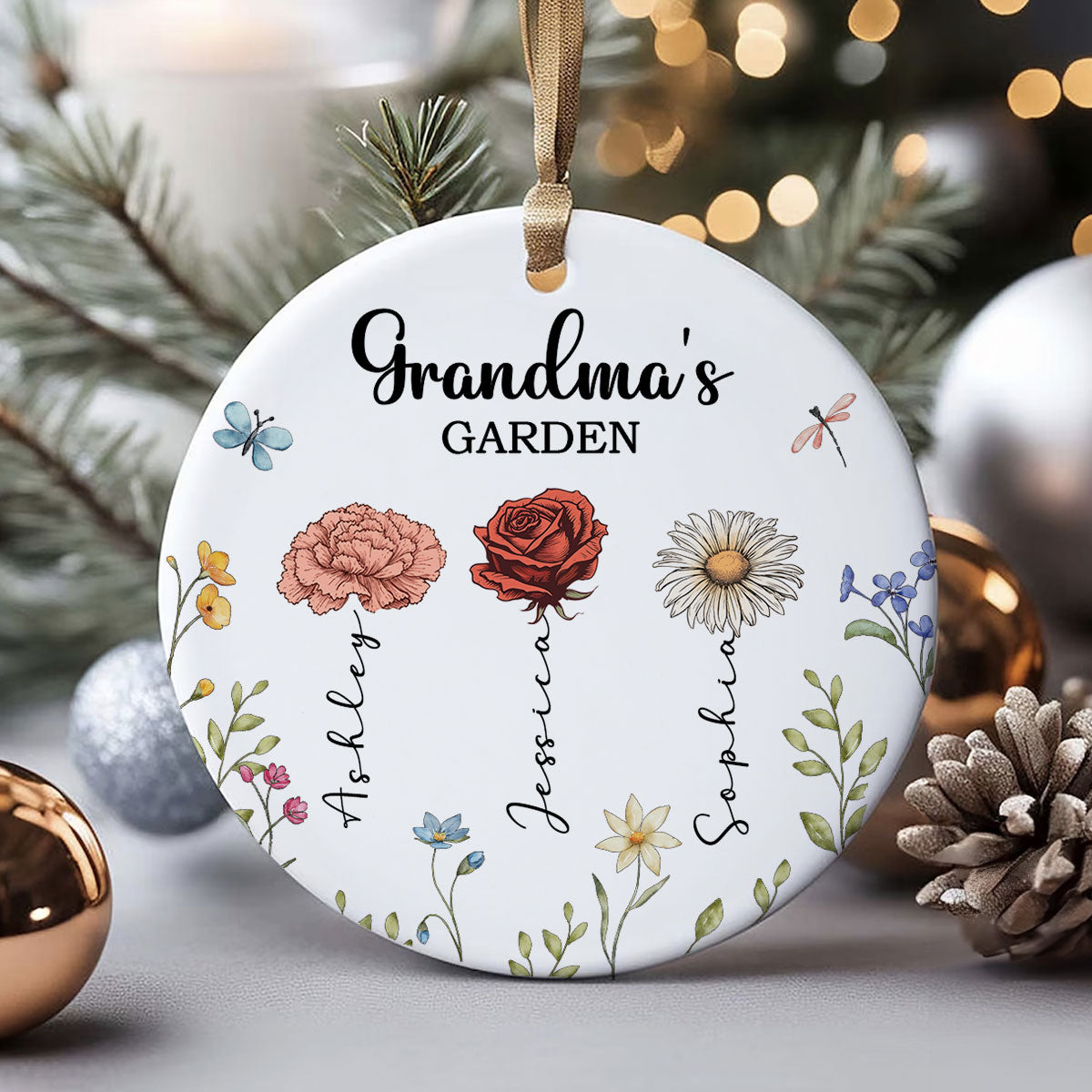 Grandma's Garden Personalized Ceramic Ornament, Christmas Gift For Grandma, Grandkids, Granddaughter, Grandson