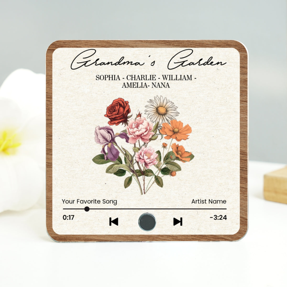 Grandma's Garden Retro Birth Flower Bouquet Personalized Music Fridge Magnet, Gift for Grandma, Mom
