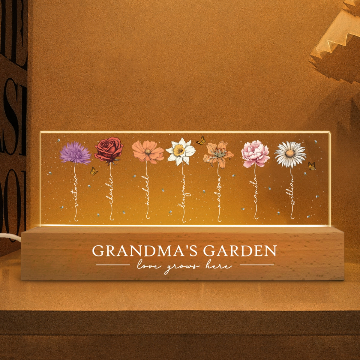 Grandma¡®s Garden Birth Month Flowers Personalized Acrylic Block LED Night Light, Heartfelt Gift For Grandma