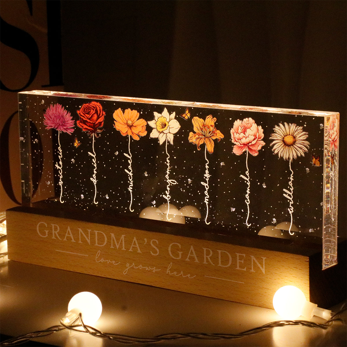 Grandma¡®s Garden Birth Month Flowers Personalized Acrylic Block LED Night Light, Heartfelt Gift For Grandma