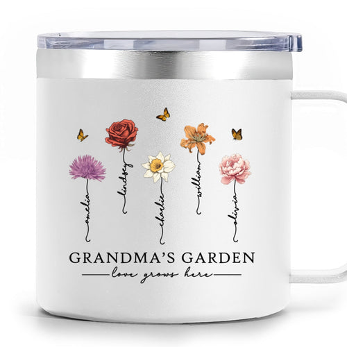 Grandma's Garden Love Grows Here Beautiful Birth Month Flower Personalized Stainless Tumbler With Handle
