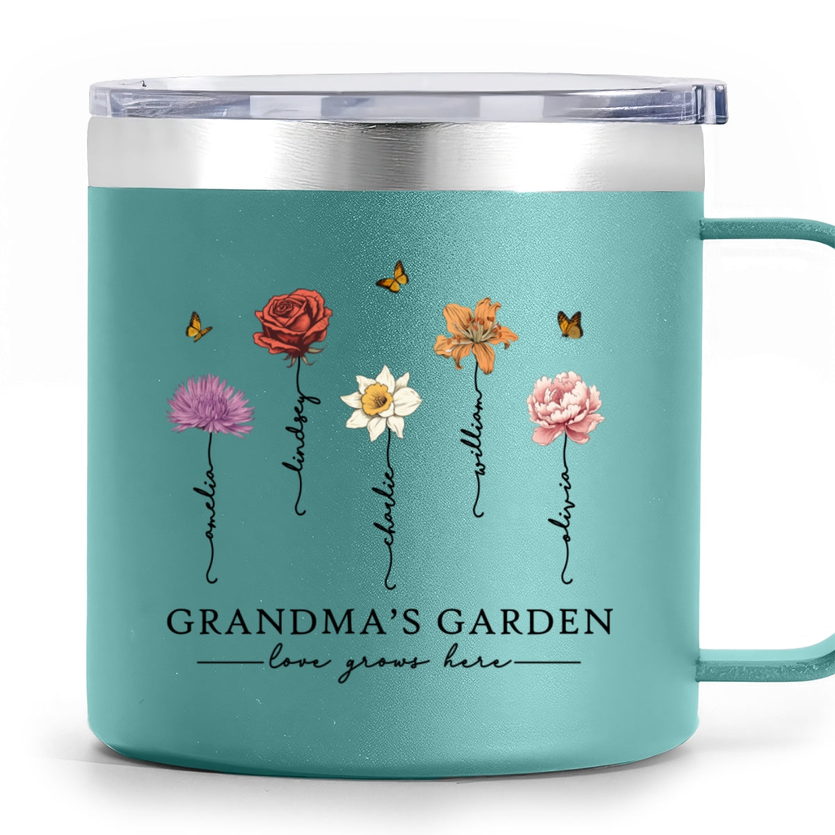 Grandma's Garden Love Grows Here Beautiful Birth Month Flower Personalized Stainless Tumbler With Handle