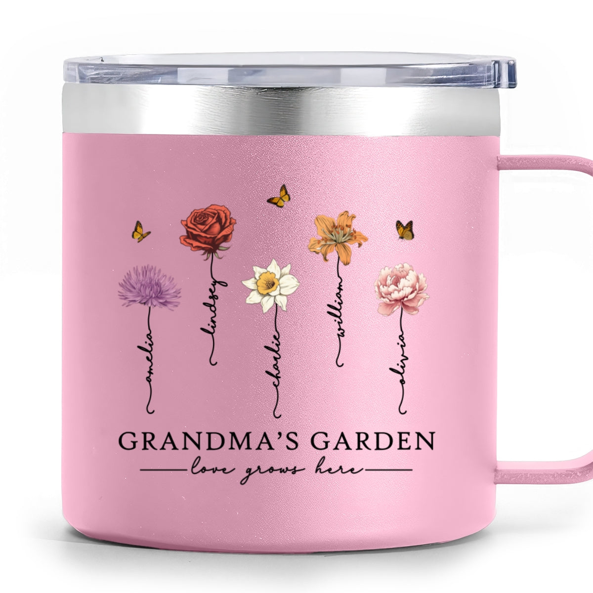 Grandma's Garden Love Grows Here Beautiful Birth Month Flower Personalized Stainless Tumbler With Handle