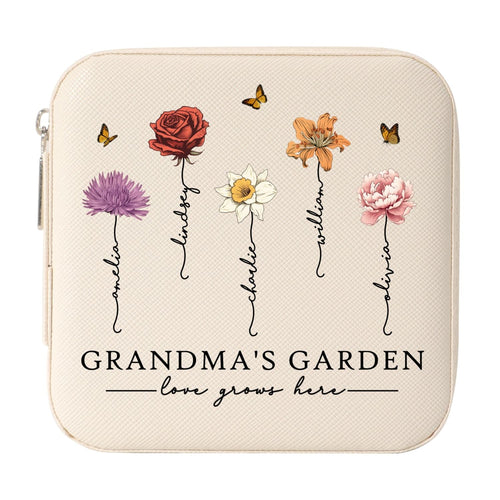 Grandma's Garden Love Grows Here Beautiful Birth Month Flower Personalized Jewelry Box, Gift For Grandma, Mom