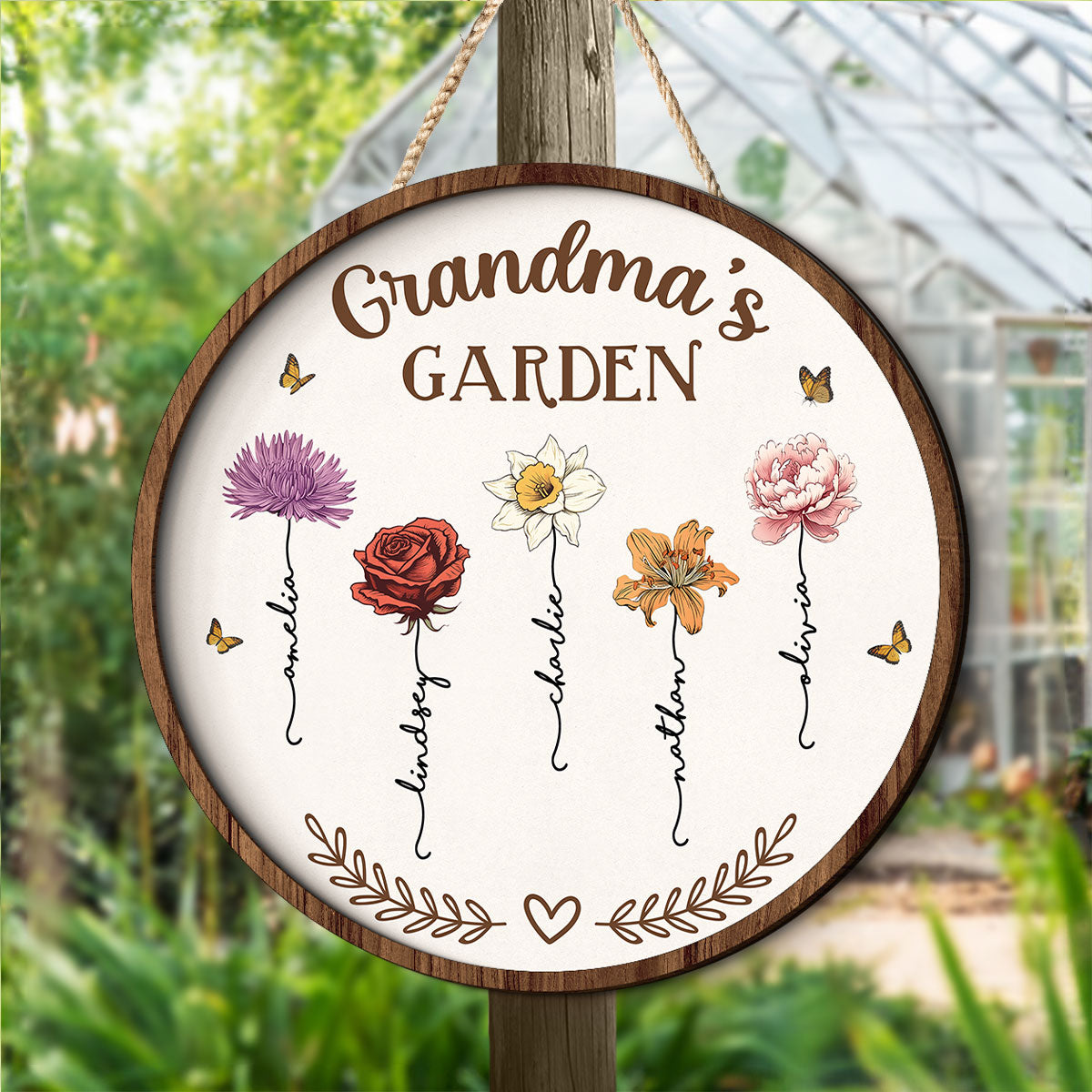 Grandma's Garden Love Grows Here, Birth Month Flower Personalized 2-Layer Wooden Door Sign