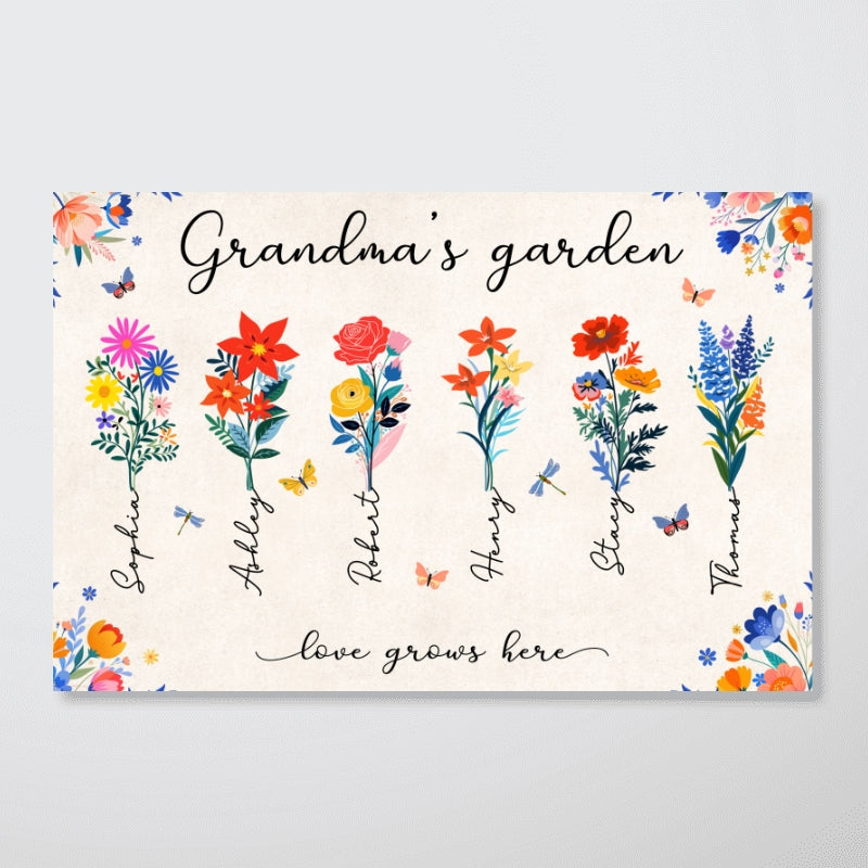 Grandma's Garden Modern Botanical Folk Art Birth Month Flower Personalized Poster, Gift For Grandma