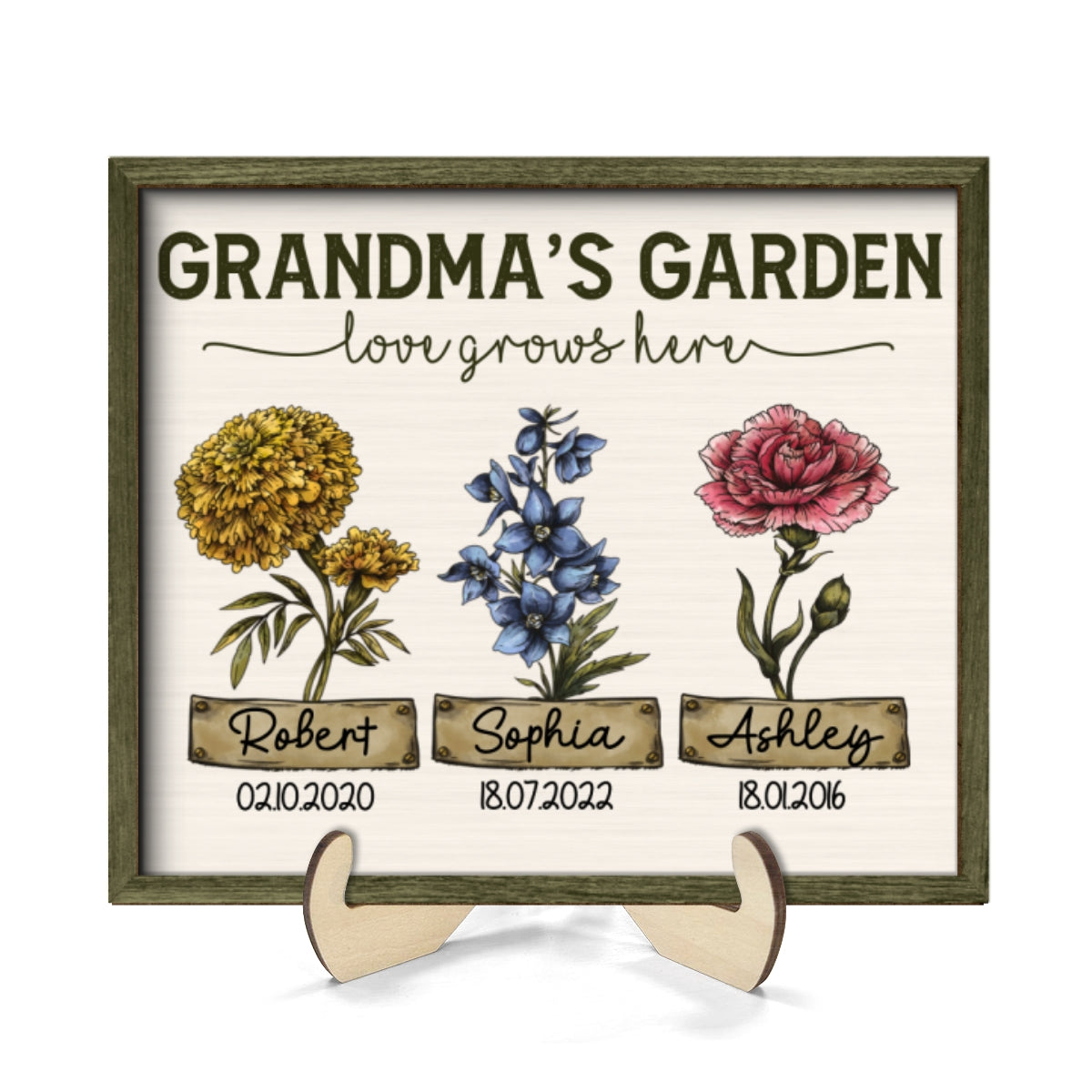 Grandma¡®s Garden Love Grows Here Vintage Birth Month Flower Personalized 2-Layer Wooden Plaque