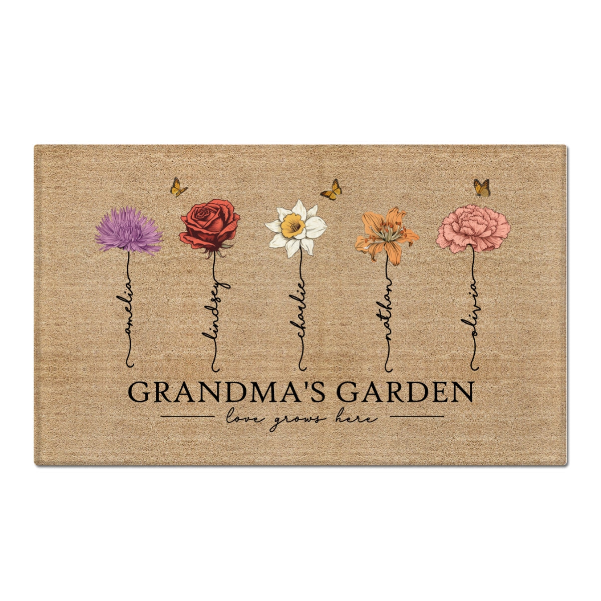 Grandma¡®s Garden Love Grows Here Vintage Birth Flower Swirl Name Personalized Doormat, Gift For Her, Grandma, Mom