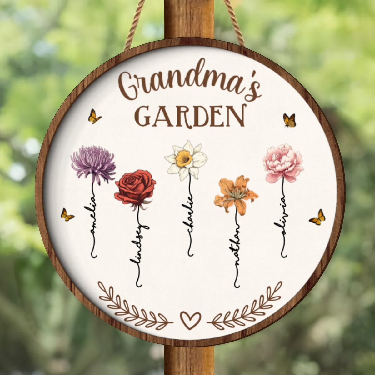 Grandma's Garden Love Grows Here, Birth Month Flower Personalized 2-Layer Wooden Door Sign