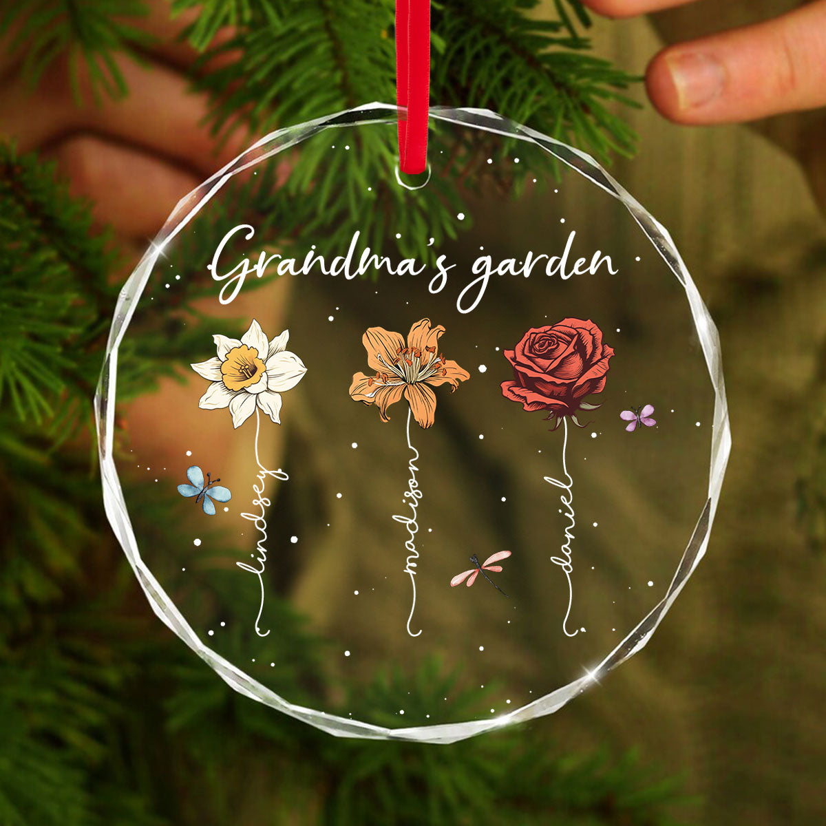 Grandma's Garden Personalized Glass Ornament, Christmas Gift For Grandma Granddaughter Grandson